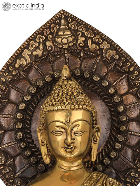 13" Shakyamuni Buddha Idol with Large Lotus Petals Aureole | Handmade Tibetan Buddhist Brass Statue