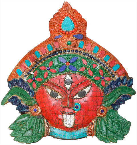 11" Goddess Kali Inlay Mask - Wall Hanging In Brass | Handmade | Made In India