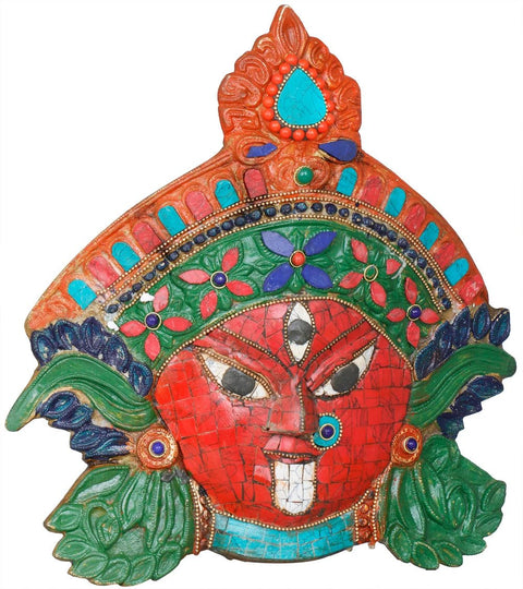 11" Goddess Kali Inlay Mask - Wall Hanging In Brass | Handmade | Made In India