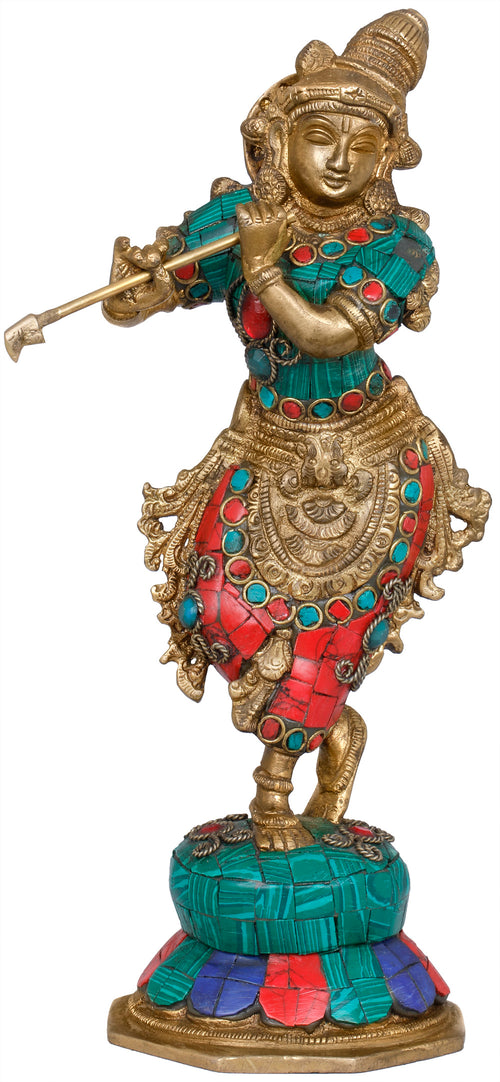 9" Handmade Murli Krishna Brass Idol for Pooja