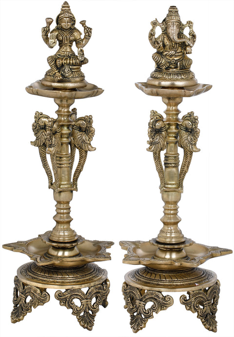 19" Lakshmi Ganesha Auspicious Lamps in Brass | Handmade | Made In India