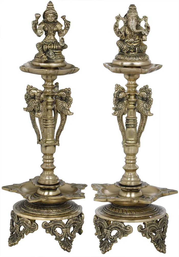 19" Brass Lakshmi Ganesha Auspicious Lamps Handmade Statue