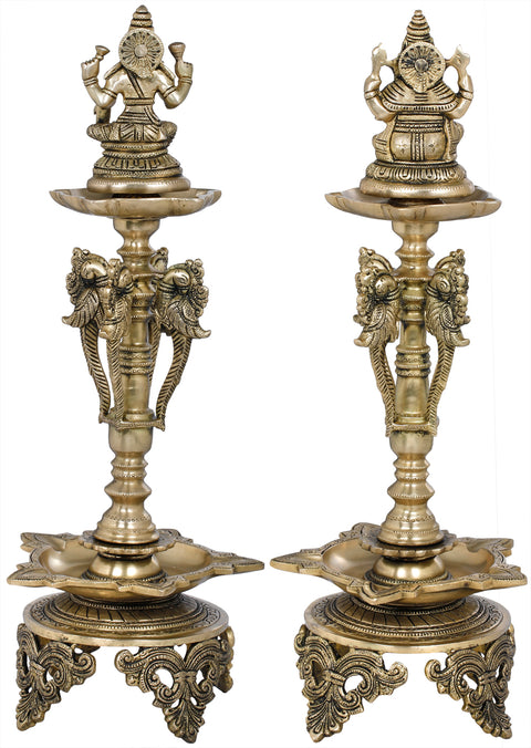 19" Lakshmi Ganesha Auspicious Lamps in Brass | Handmade | Made In India