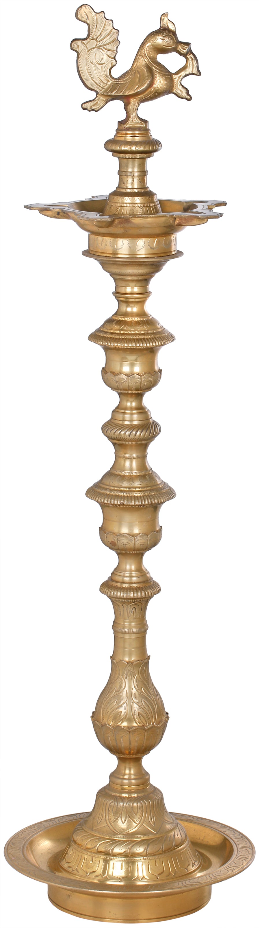 38" Large Handmade Peacock Brass Lamp with Five Wicks