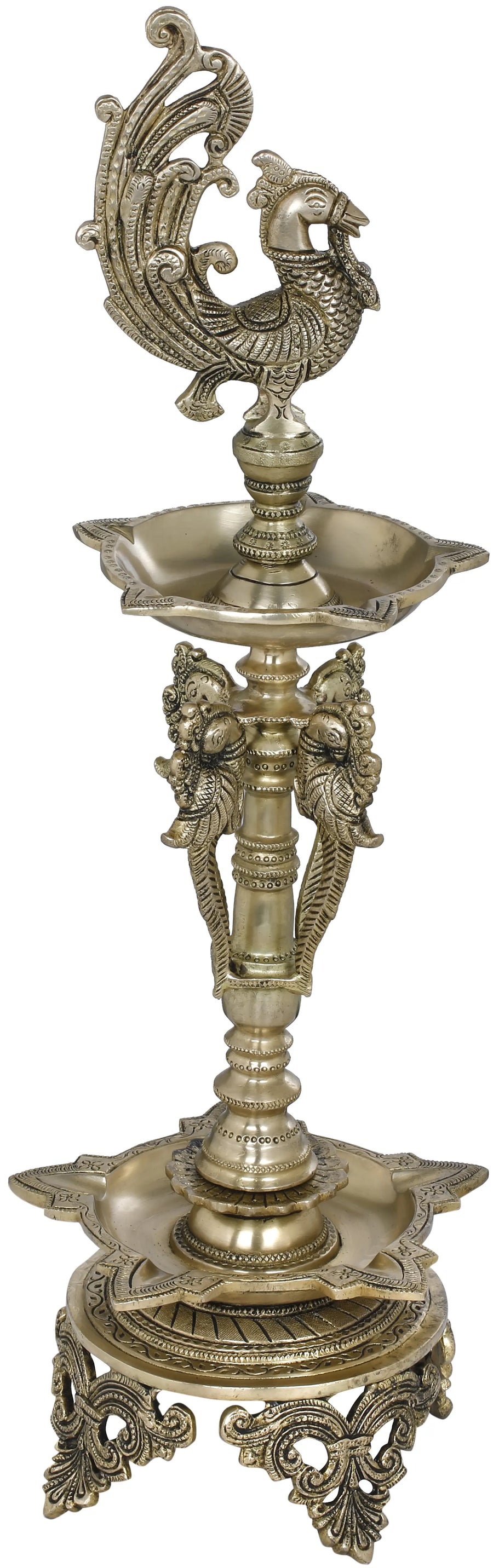 23" Handmade Peacock Brass Puja Lamp for Home Decor