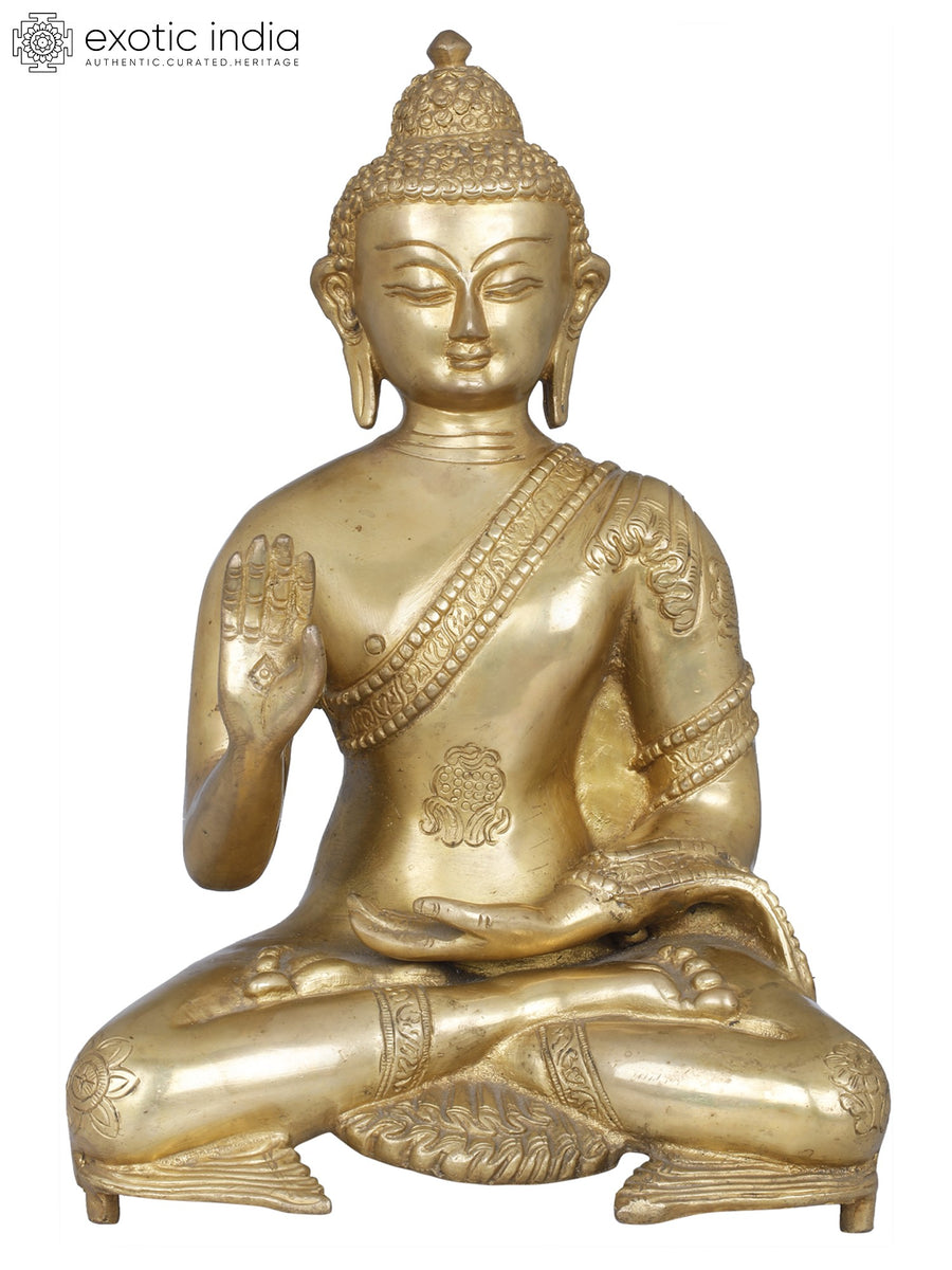 11" Blessing Buddha Handcrafted Brass Statue for Home Pooja