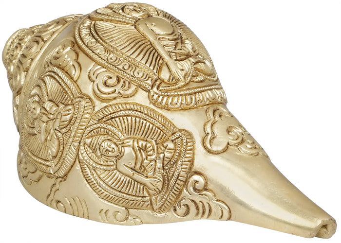 3" Five Dhyani Buddhas carved on Conch - Indian Handcrafted Brass Shankha