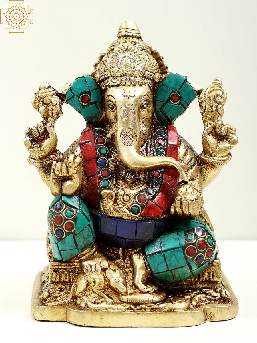 6" Seated Lord Ganesha Brass Statue Handcrafted Idol
