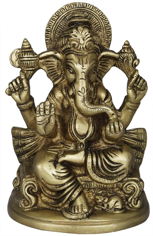 5" Handmade Ganesha Throne Brass Statue for Pooja