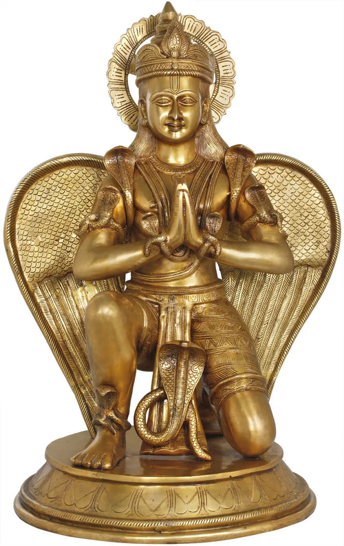 32" Namaste Garuda Brass Statue with Serpent Adorning