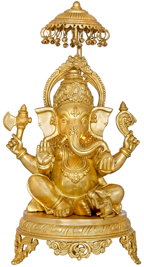 20" Handmade Brass Ganesha Seated on Royal Chowki Statue