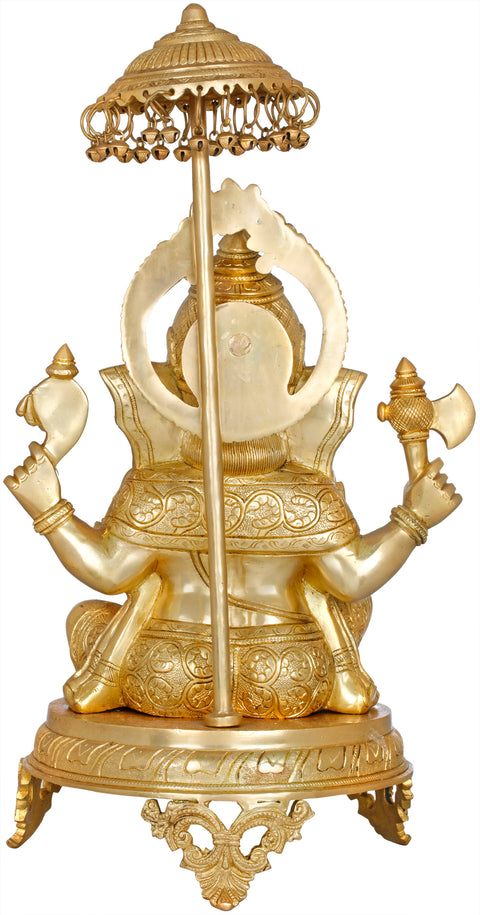 20" Ganesha Seated on Royal Chowki with Parasol In Brass | Handmade | Made In India
