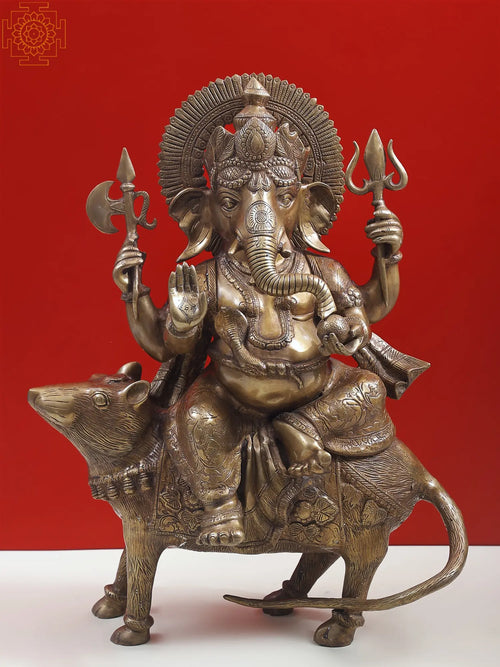 23" Ganesha on Rat Brass Statue with Leafy Crown