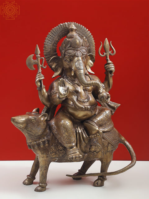 23" Ganesha Seated on His Rat Wearing a Leafy Crown In Brass