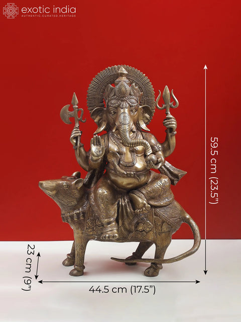 23" Ganesha Seated on His Rat Wearing a Leafy Crown In Brass