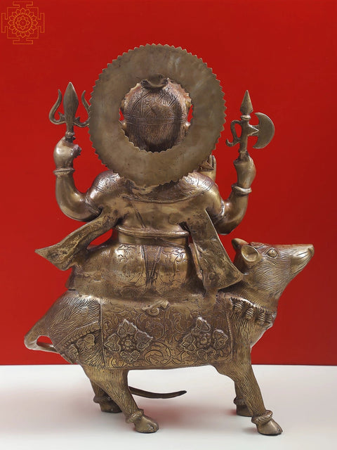 23" Ganesha Seated on His Rat Wearing a Leafy Crown In Brass