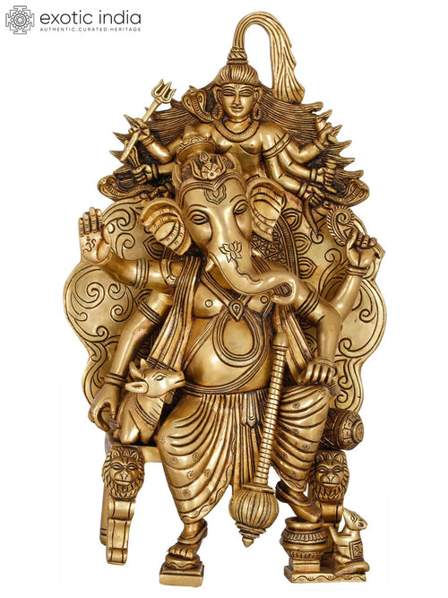 15" Warrior Lord Ganesha with Nandi and Shiva Brass Statue Set Handmade