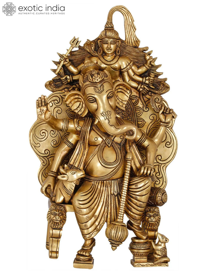 15" Warrior Lord Ganesha with Nandi and Shiva Brass Statue Set Handmade