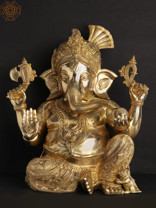 21" Beturbaned Lord Ganesha Seated Brass Idol for Pooja