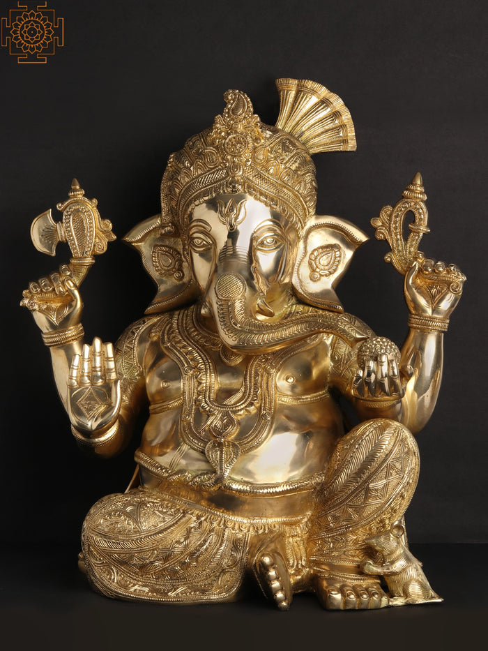 21" Beturbaned Lord Ganesha Seated Brass Idol for Pooja