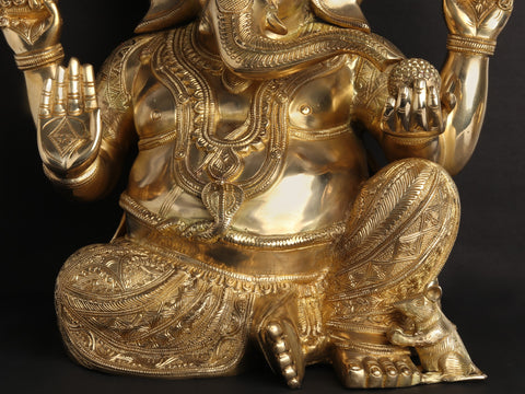 21" Beturbaned Lord Ganesha Brass Idol Seated on the Floor | Indian Handcrafted Statues