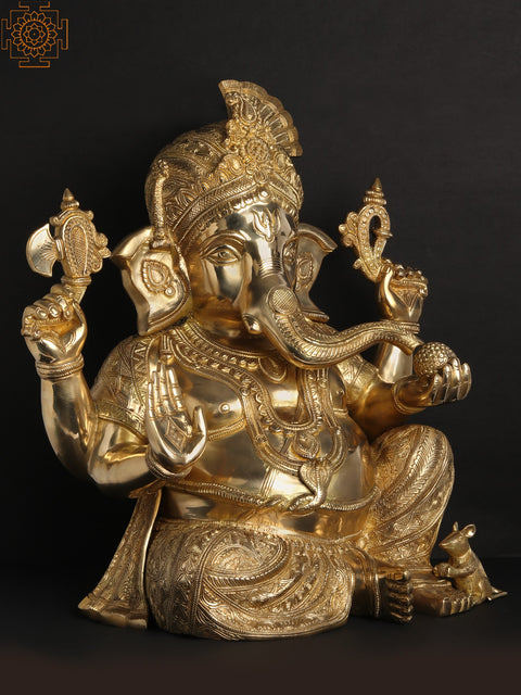 21" Beturbaned Lord Ganesha Brass Idol Seated on the Floor | Indian Handcrafted Statues