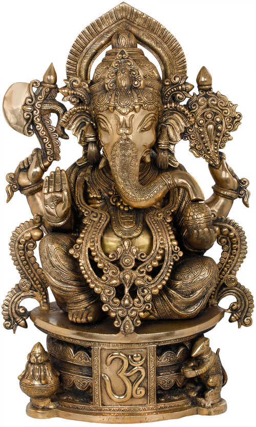 23" Handmade Bejewelled Ganesha Brass Statue on OM Base