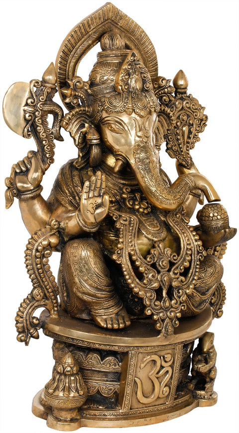 23" Bejewelled Shri Ganesha Seated on OM Base | Handmade Brass Statues