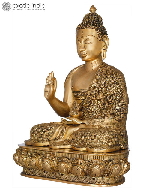 22" Padamasana Lord Buddha Clad in A Superbly Woven Robe | Handmade Indian Brass Statues