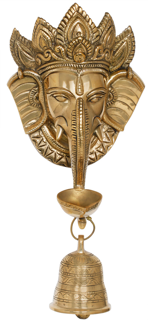 16" Crowned Ganesha Brass Wall Hanging Mask with Lamp and Bell