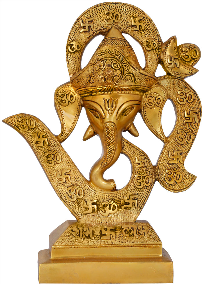 13" Brass Ganesha Mask with OM Symbol Handmade Statue