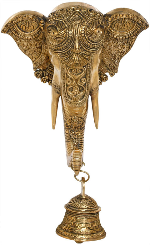 16" Brass Embellished Wall Hanging Mask of Ganesha with Bell | Handmade Ritual Items
