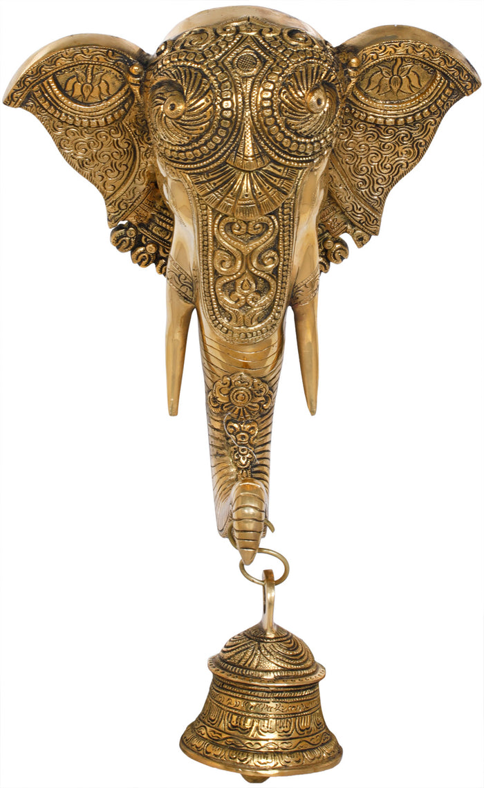 16" Brass Ganesha Mask Wall Hanging With Bell Handmade