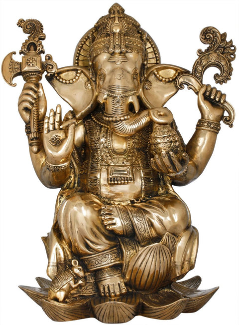 22" Richly Ornamented Lord Ganesha Brass Statue | Indian Handcrafted Idol
