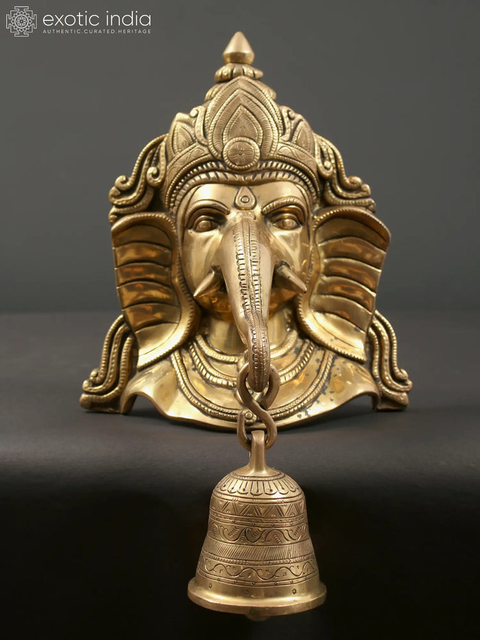 16" Brass Lord Ganesha Mask Wall Hanging with Engraved Bell