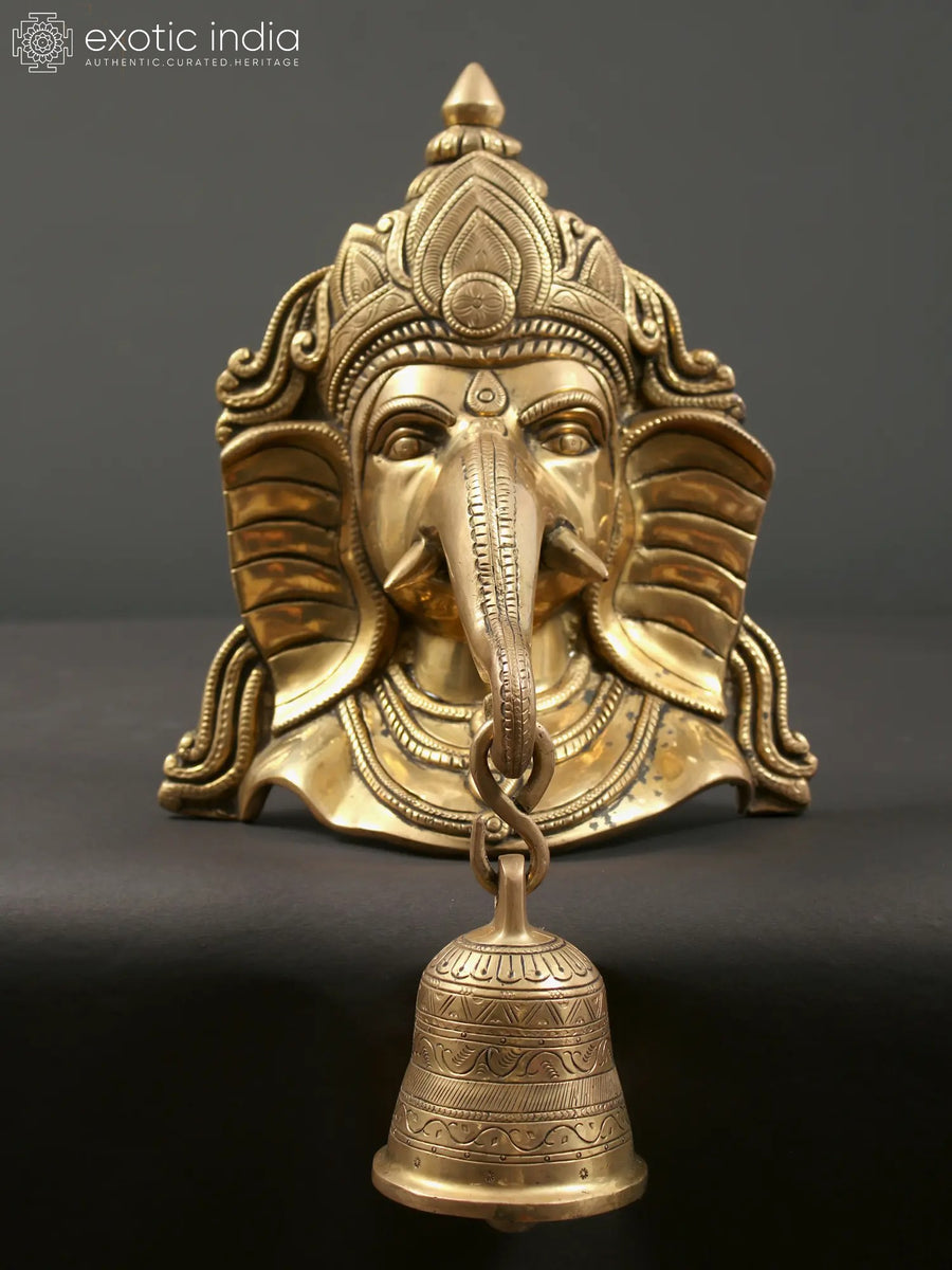 16" Brass Lord Ganesha Mask Wall Hanging with Engraved Bell