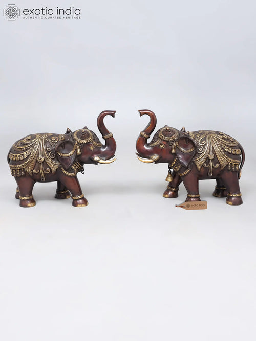 Pair of Brass Elephants with Bells and Upraised Trunks for Home Decor