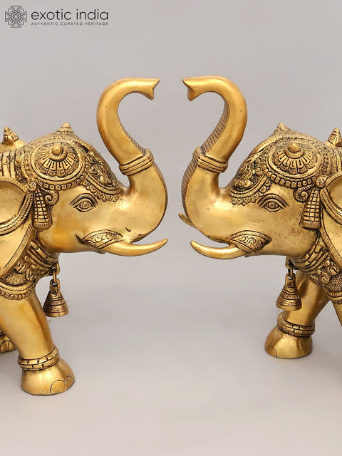 Pair of Decorated Elephants with Bells and Upraised Trunks (Auspicious According to Vastu)