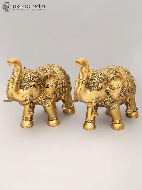 Pair of Decorated Elephants with Bells and Upraised Trunks (Auspicious According to Vastu)