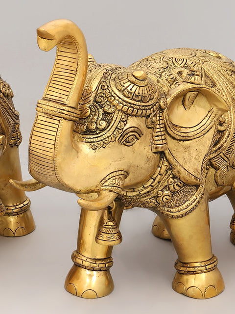 Pair of Decorated Elephants with Bells and Upraised Trunks (Auspicious According to Vastu)