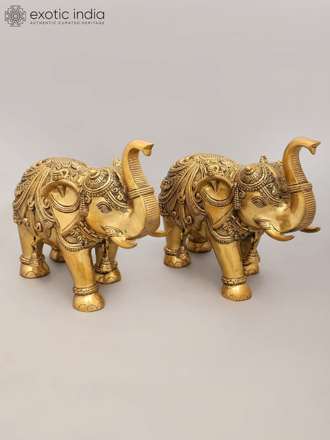 Pair of Decorated Elephants with Bells and Upraised Trunks (Auspicious According to Vastu)