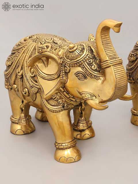 Pair of Decorated Elephants with Bells and Upraised Trunks (Auspicious According to Vastu)
