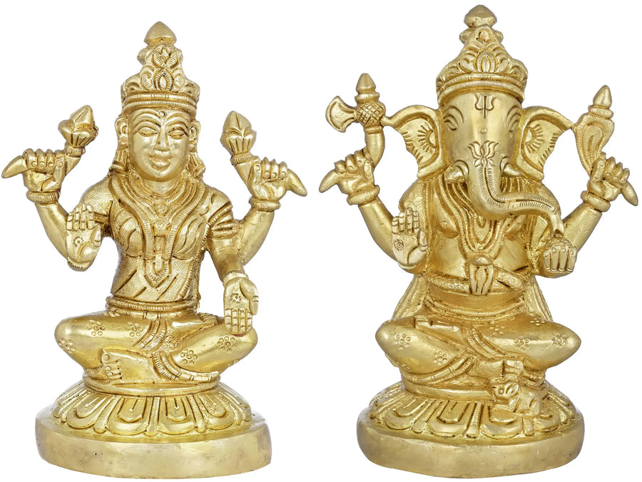 Brass Lakshmi Ganesha Statue for Pooja - Handmade Auspicious Deities Sculpture