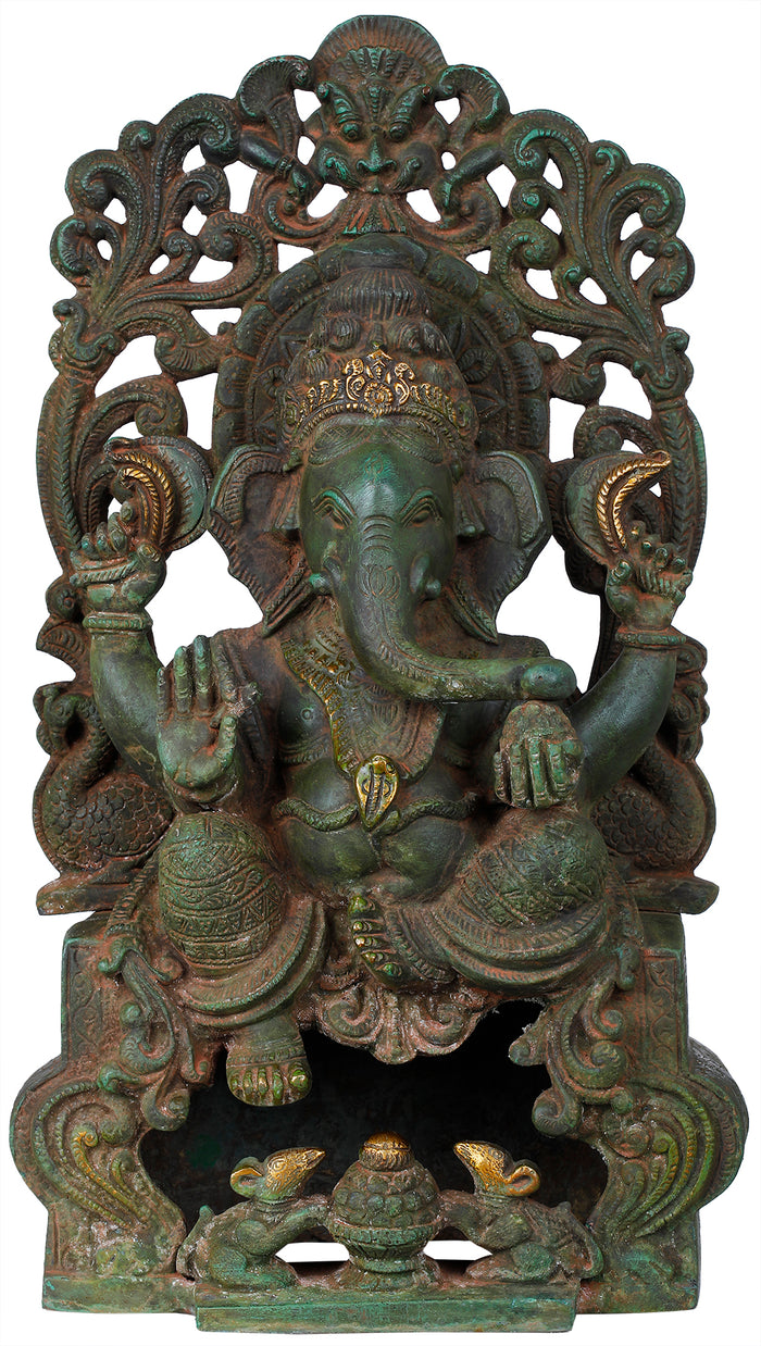 13" Handmade Brass Ganesha Statue on Kirtimukha Throne