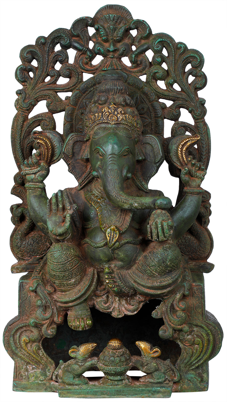 13" Handmade Brass Ganesha Statue on Kirtimukha Throne