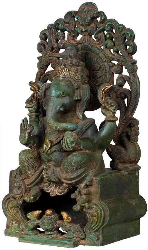 13" King Ganesha Seated on Kirtimukha Throne In Brass | Handmade | Made In India