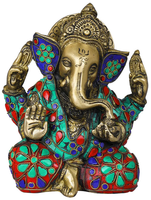 6" Ashirvad Ganesha Brass Statue with Inlay Handmade