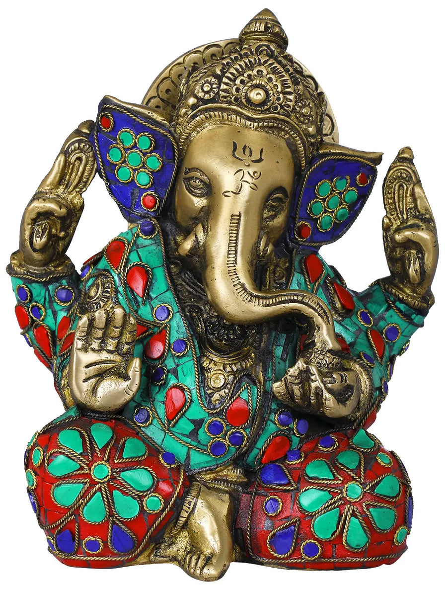 6" Ashirvad Ganesha Brass Statue with Inlay Handmade