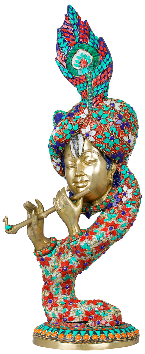 20" Stylized Krishna Fluting Brass Statue for Home Decor