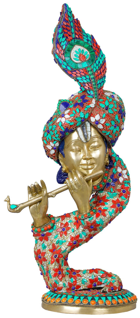 20" Stylized Fluting Krishna Brass Statue | Housewarming Gift
